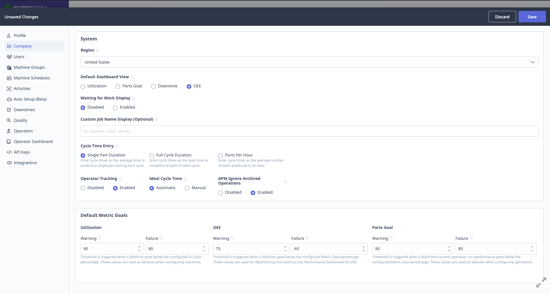 Company Settings showing default goals configuration