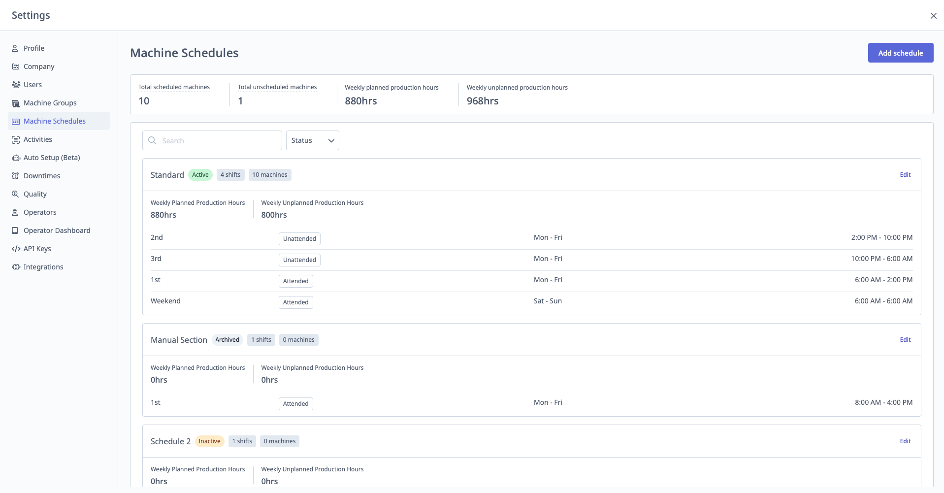 Machine Schedules list and shift creation form