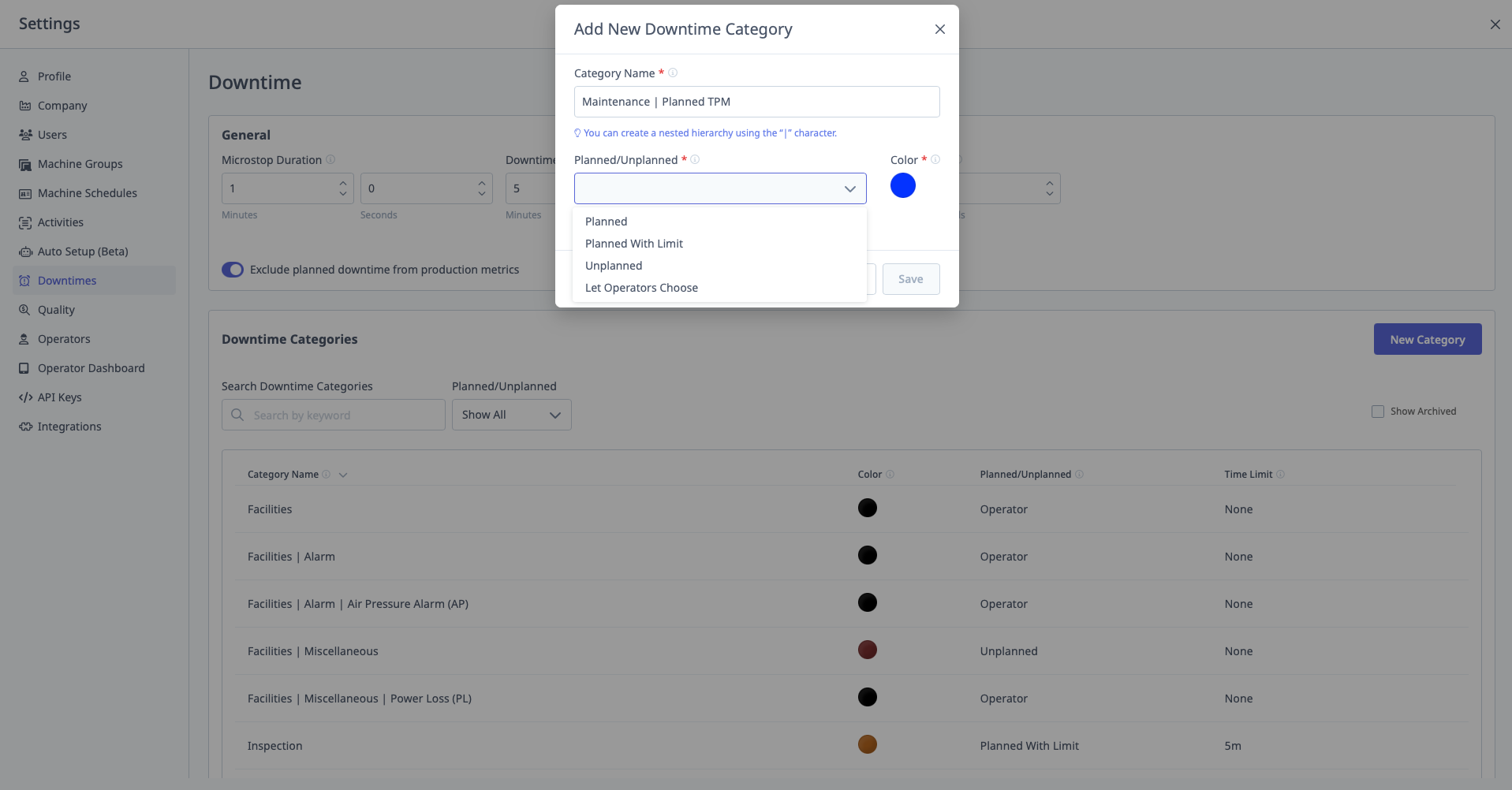 Downtime Categories list and creation form