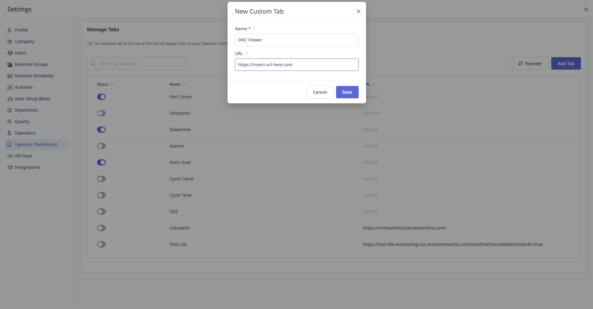 Manage Tabs interface with custom tab creation form