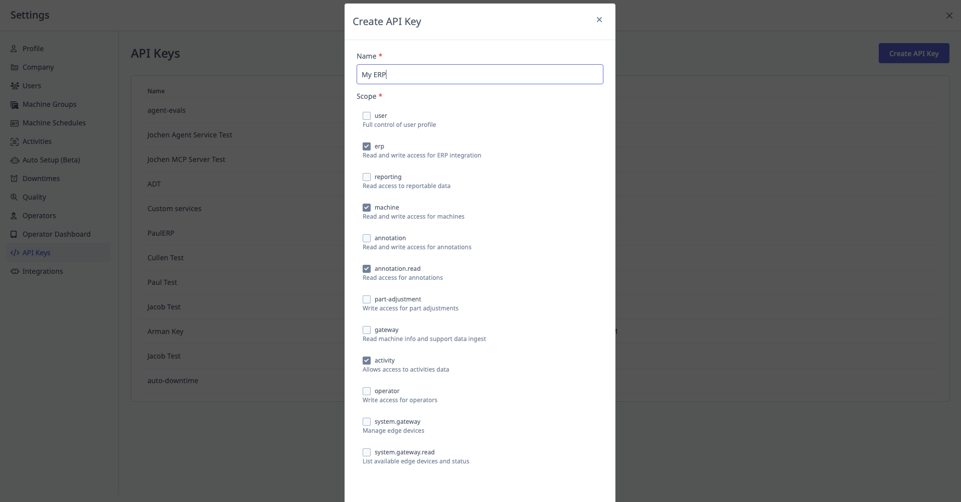 API Keys list and scope selection