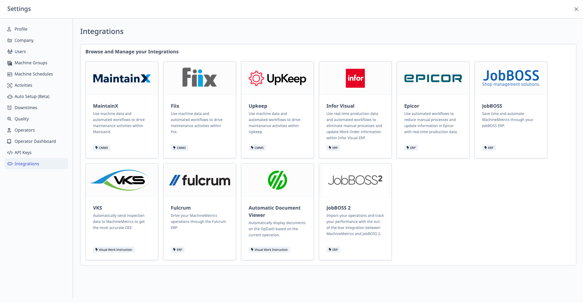 Integrations page with available integrations listed