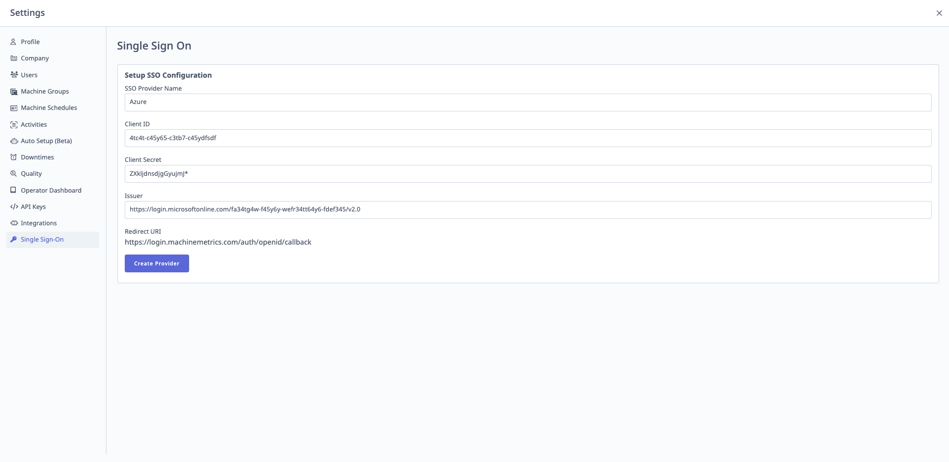SSO configuration form