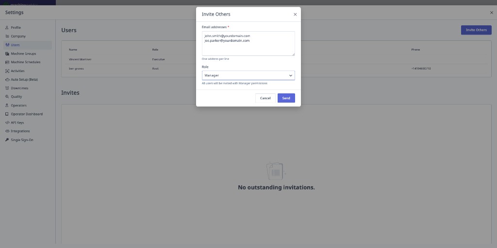 Invite Others dialog with email field and role dropdown