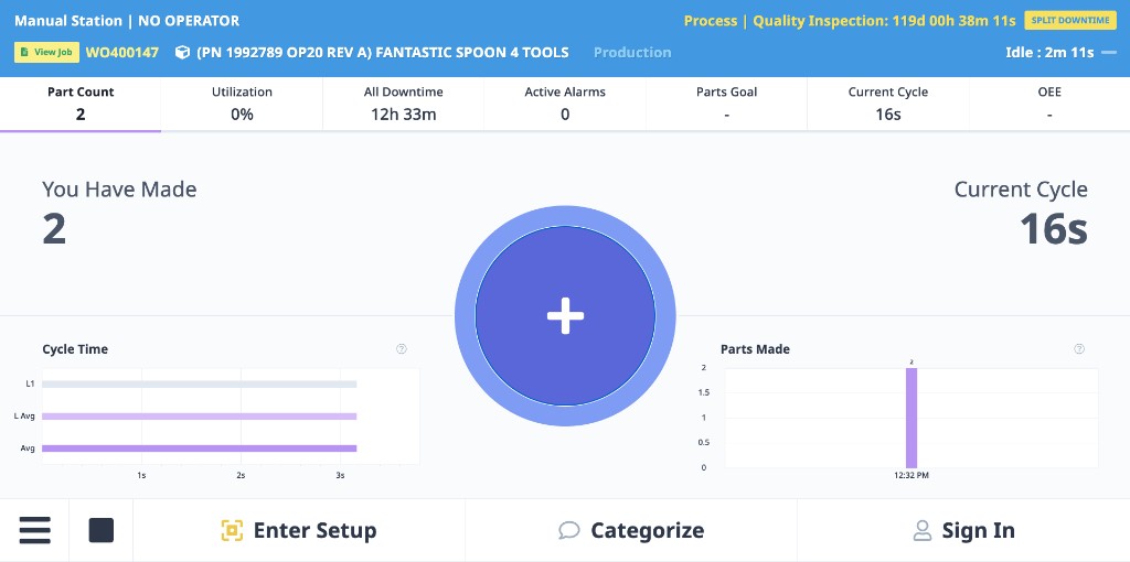 ShopPulse Manual Station view showing unattended machine with tap-to-start button