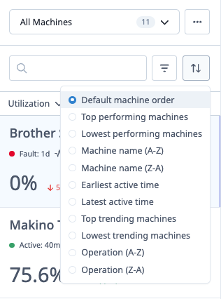 Sort menu showing all available machine ordering options