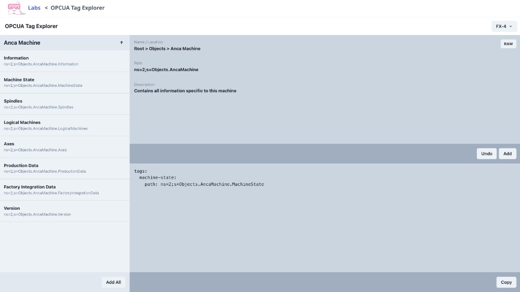 OPC UA Tag Explorer showing tag tree for an Anca Machine with node path and tag configuration