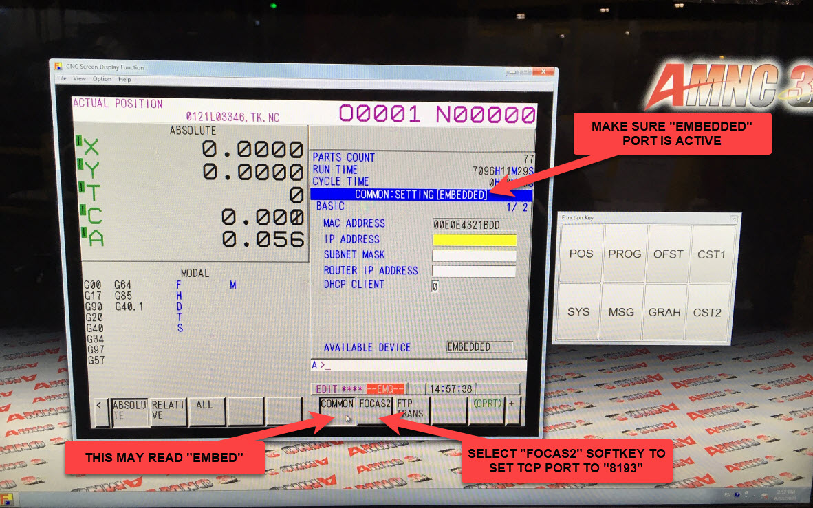 Amada AMNC-3i with CNC Screen Display Function open — COMMONEMBEDDED screen showing IP Address, Subnet Mask, DHCP CLIENT fields; EMBEDDED is set as Available Device; FOCAS2 softkey at bottom to set TCP port to 8193