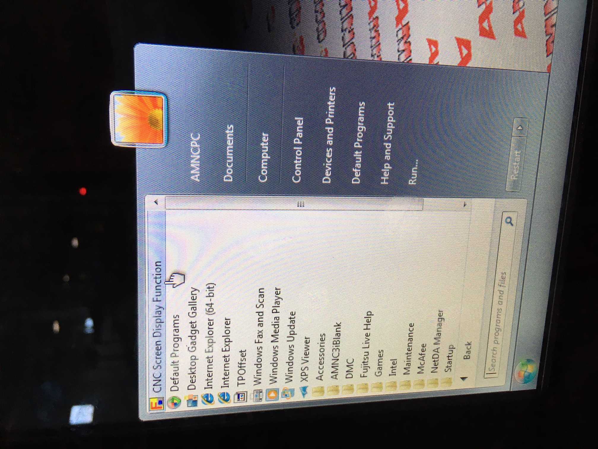 Amada AMNC-3i control — Windows Start menu with "CNC Screen Display Function" highlighted at the top of the program list