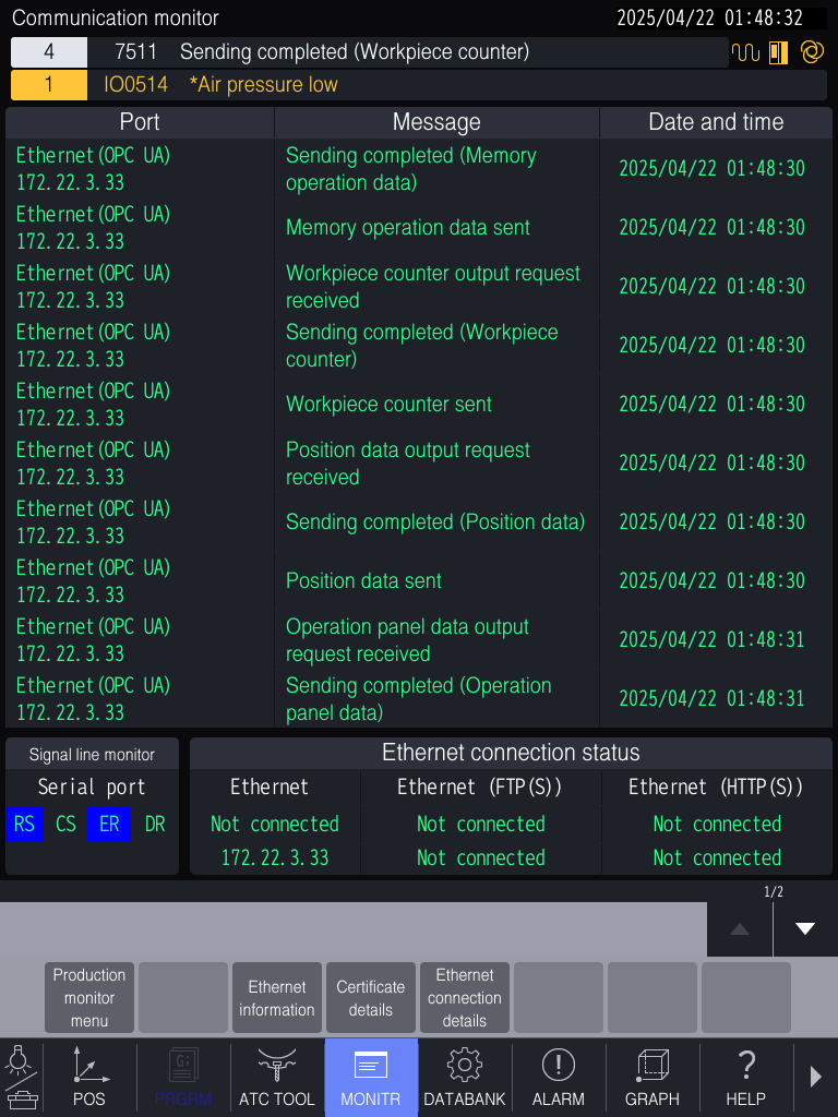 Brother D-Series Communication monitor — Ethernet (OPC UA) activity log confirming active connection