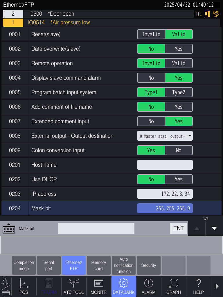 Brother D-Series Ethernet/FTP settings — IP address and DHCP configuration (page 1 of 4)