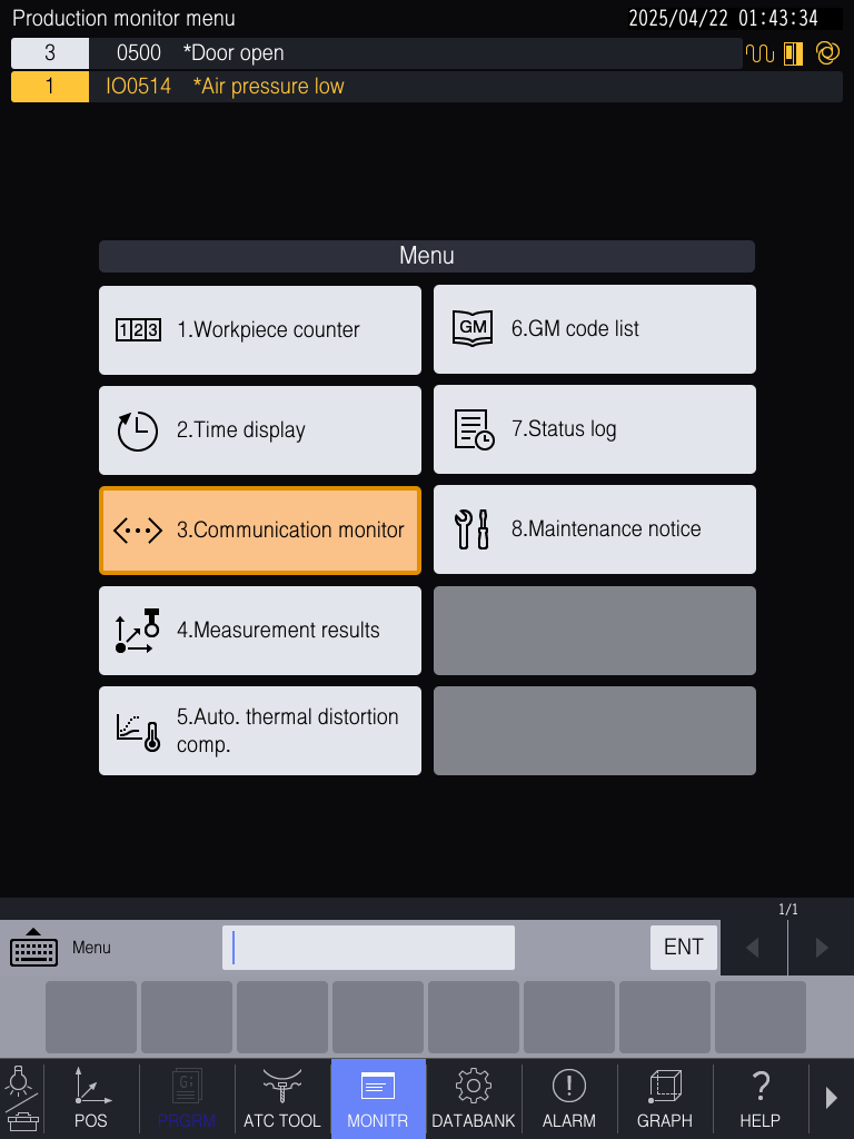 Brother D-Series Production monitor menu — select Communication monitor (item 3)