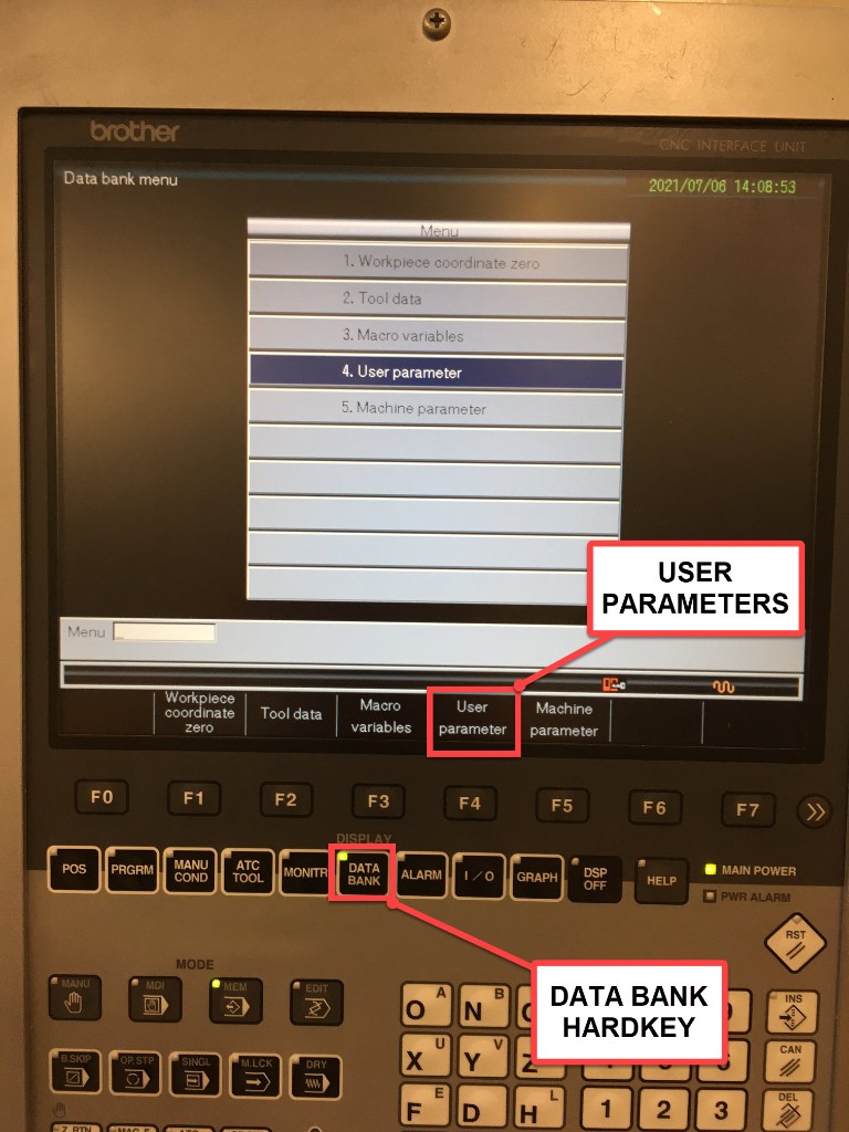Data Bank menu showing User Parameter option selected