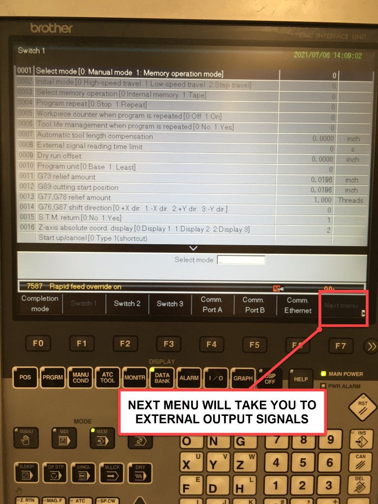 Next Menu softkey highlighted — navigates to External Output Signals screen