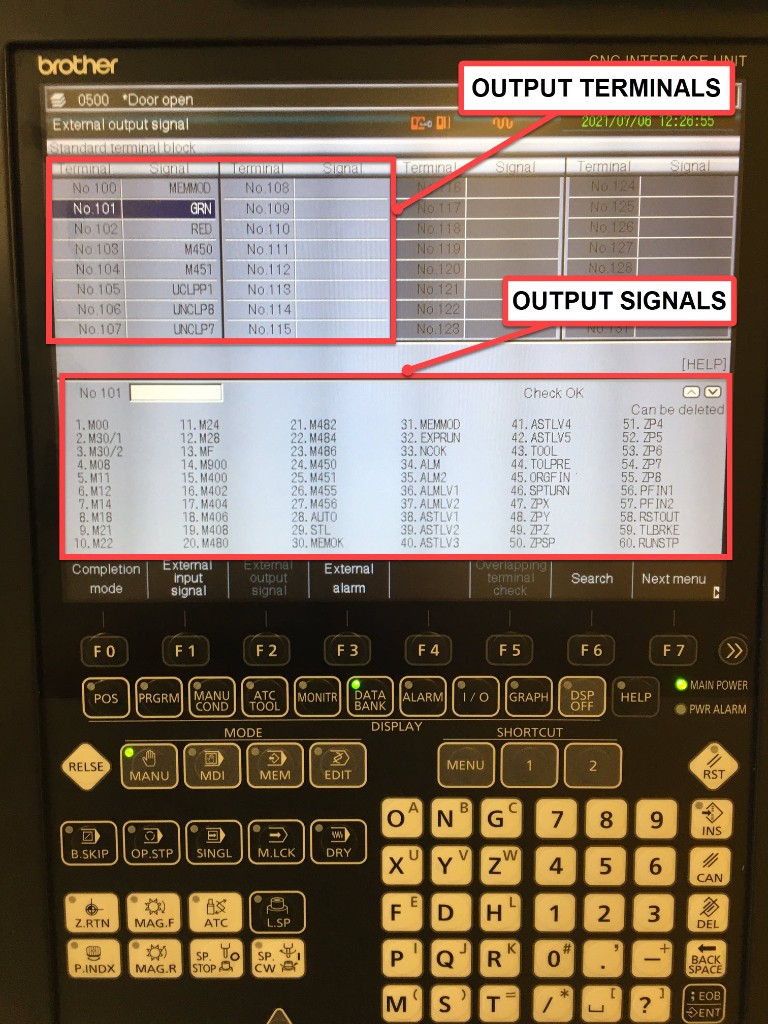 External Output Signal screen showing output terminals mapped to signals (GRN, M450, ALM)