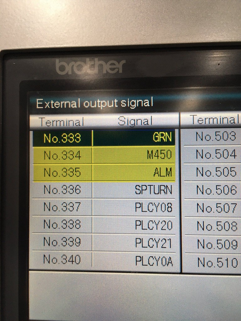 External Output Signal screen showing terminals 333=GRN, 334=M450, 335=ALM assigned