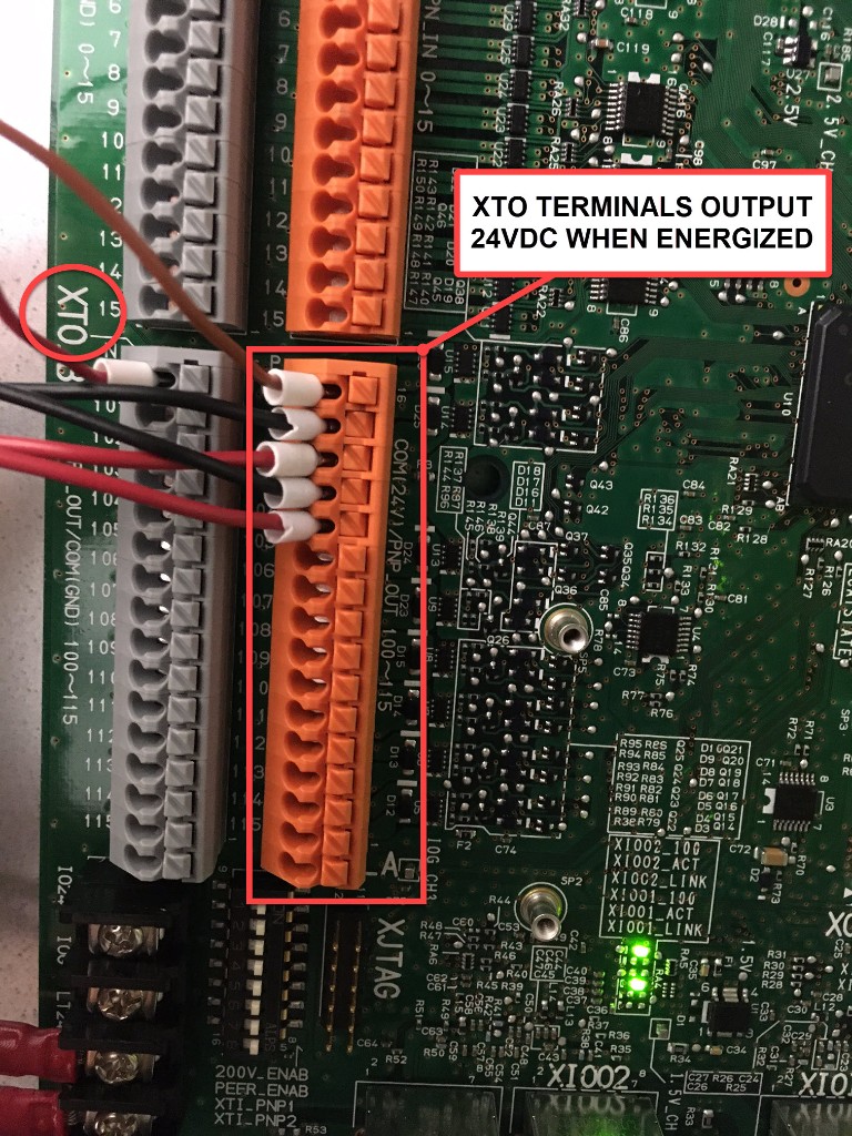 XTO PNP output terminals detail — orange terminals output 24VDC when energized
