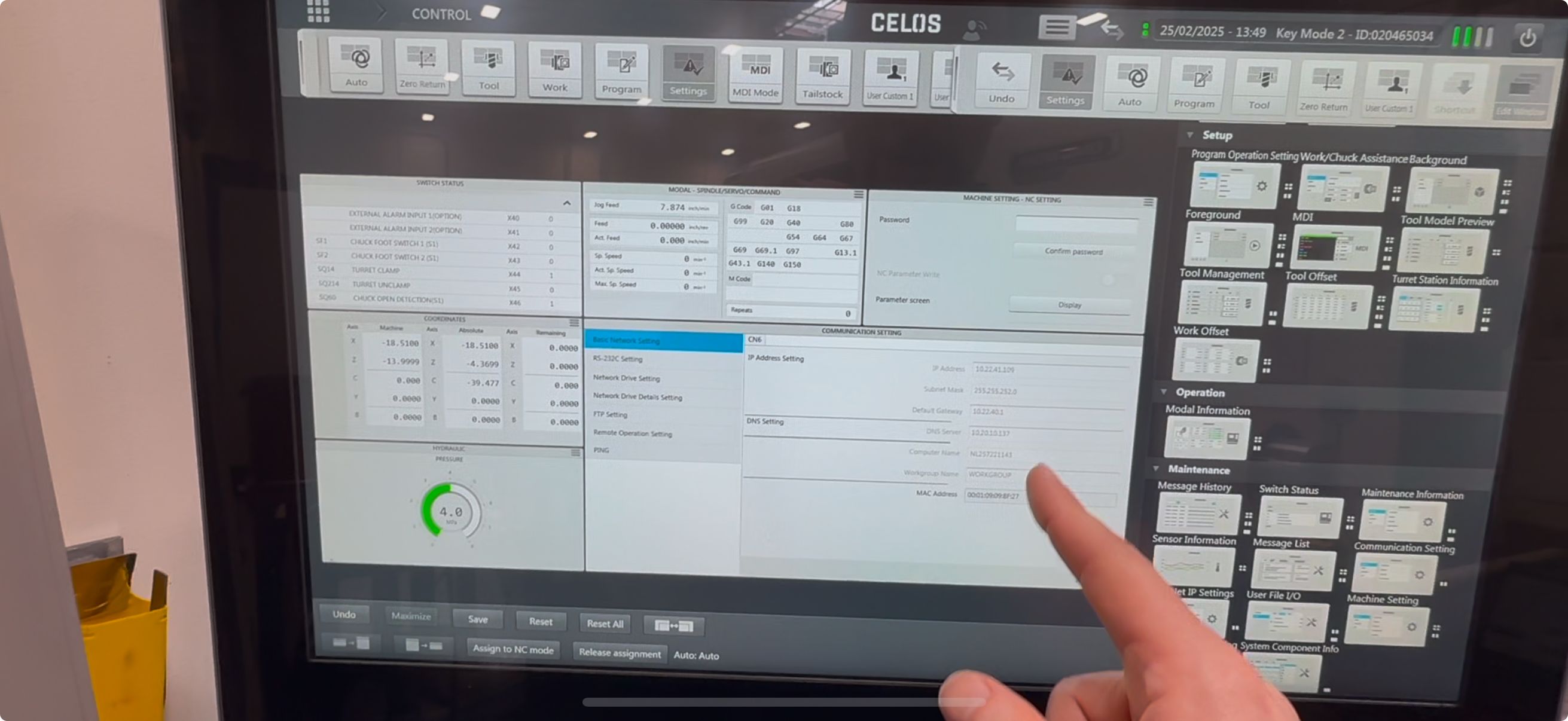 Communication Settings screen showing IP address, subnet mask, and gateway fields