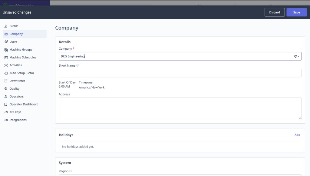Company Details showing Start Of Day, Timezone, and related fields