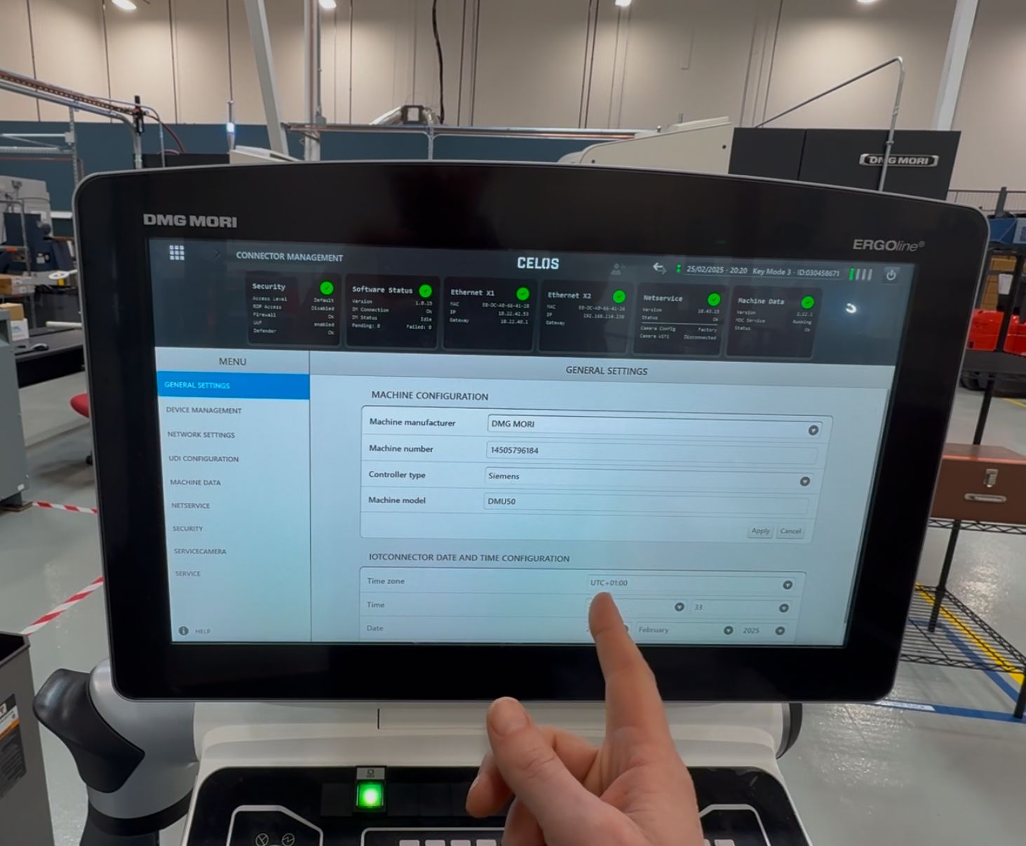 Connector Management — General Settings confirming Siemens controller type and machine model