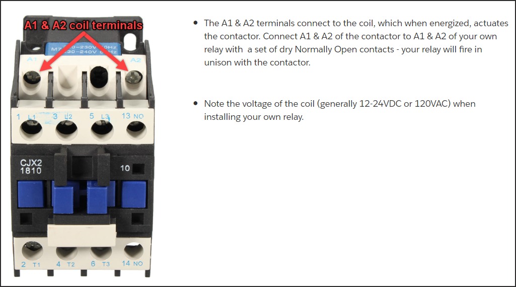 Contactor showing A1 &amp; A2 coil terminals — connect your relay coil here and it will fire in unison with the machine's contactor, providing a dry normally-open contact to the I/O module