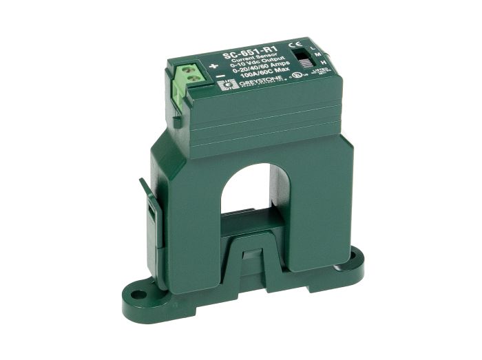 Greystone SC-651-R1 current sensor — the MachineMetrics standard analog CT, a clamp-style sensor with a 0-10VDC output, an L/M/H range selector for 20/40/60A, and a two-terminal output block