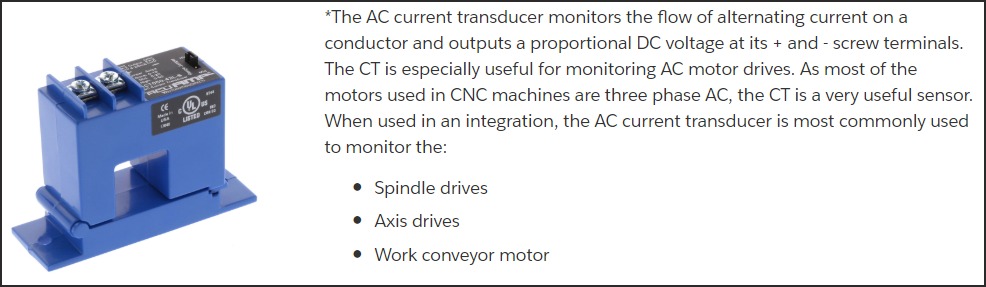 AC current transducer overview — monitors AC motor current and outputs proportional DC voltage; common applications include spindle drives, axis drives, and work conveyors