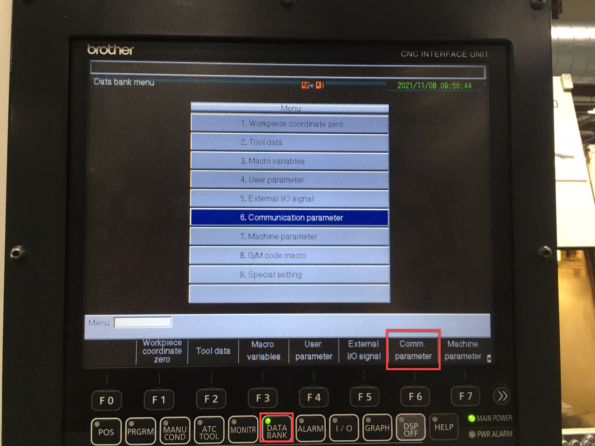 Press DATA BANK and select Communication Parameter