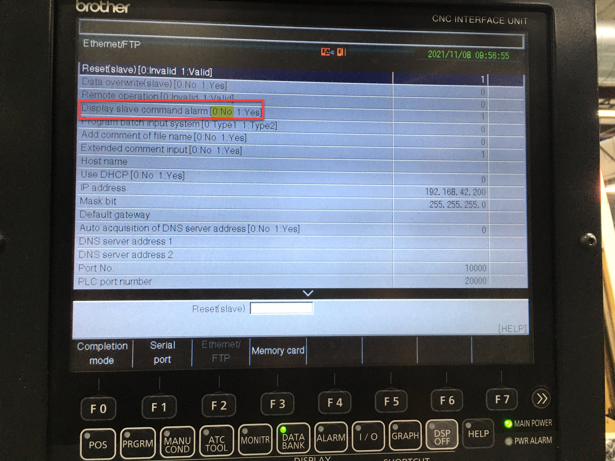 Display slave command alarm set to 0