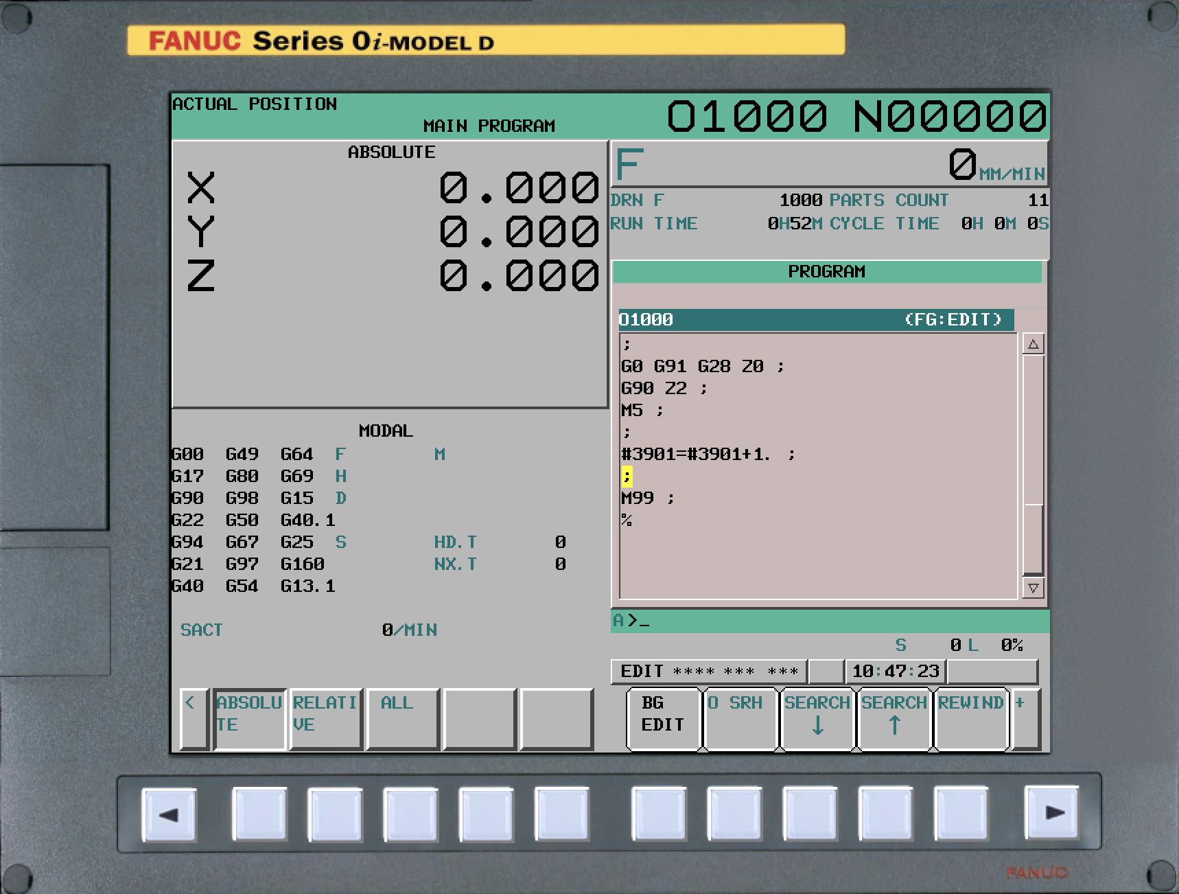 FANUC Series 0i-MODEL D EDIT mode — program O1000 containing #3901=#3901+1 instruction (highlighted) followed by M99; PARTS COUNT shows 11 in the status header
