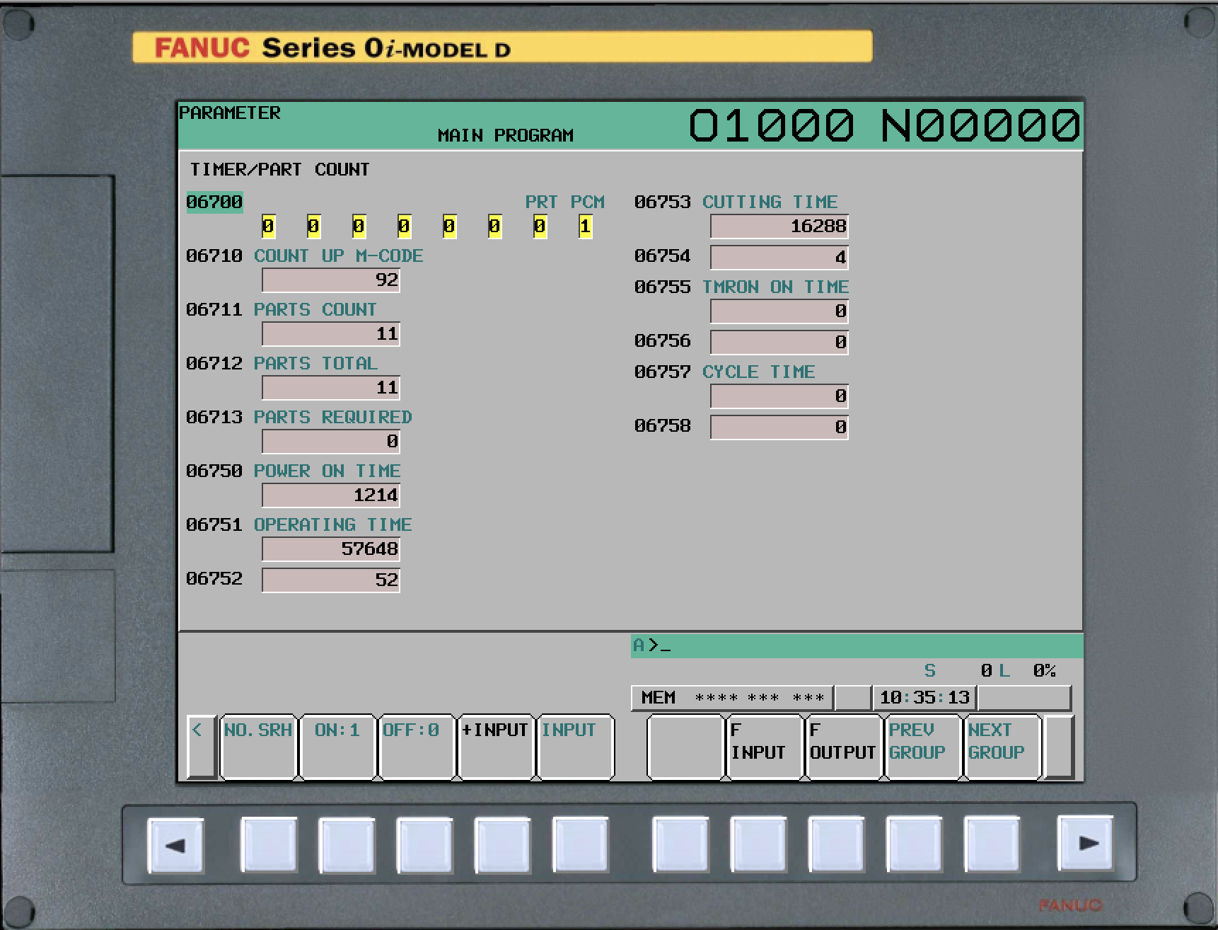 FANUC 0i-D PARAMETER screen — TIMER/PART COUNT section showing param 06710 COUNT UP M-CODE = 92, param 06711 PARTS COUNT = 11, param 06712 PARTS TOTAL = 11
