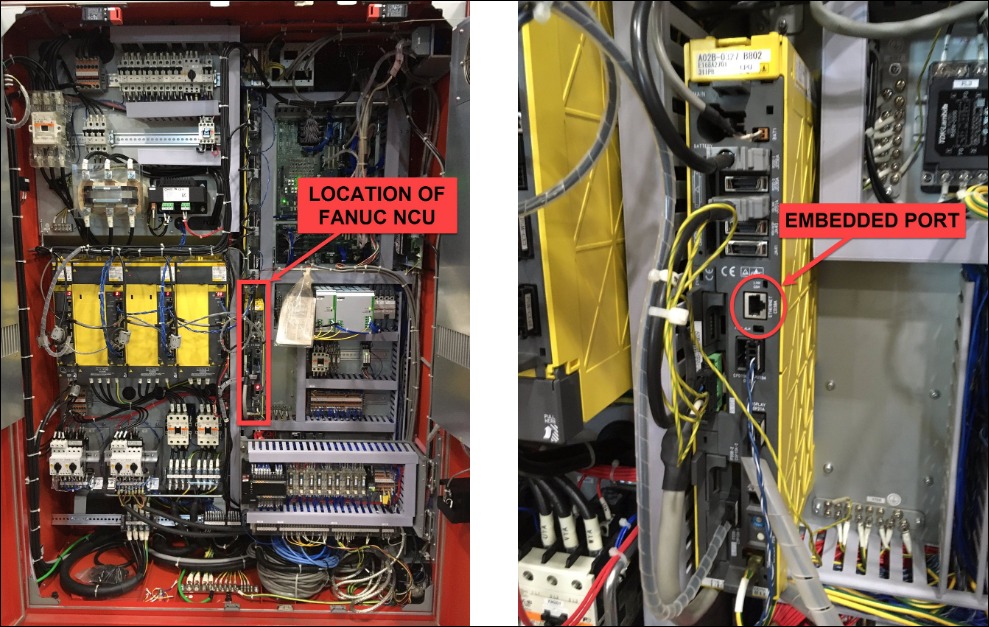 FANUC NCU location in electrical cabinet (left) and close-up of the embedded RJ45 port on the yellow FANUC NCU module (right)