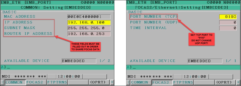 FANUC EMB_ETH COMMONEMBEDDED screen — left panel shows IP Address (highlighted), Subnet Mask, and Router IP Address fields that must be filled in; right panel shows FOCAS2 tab with PORT NUMBER (TCP) = 8193 with annotation "SET TCP PORT TO 8193, DO NOT CHANGE UDP PORT!"
