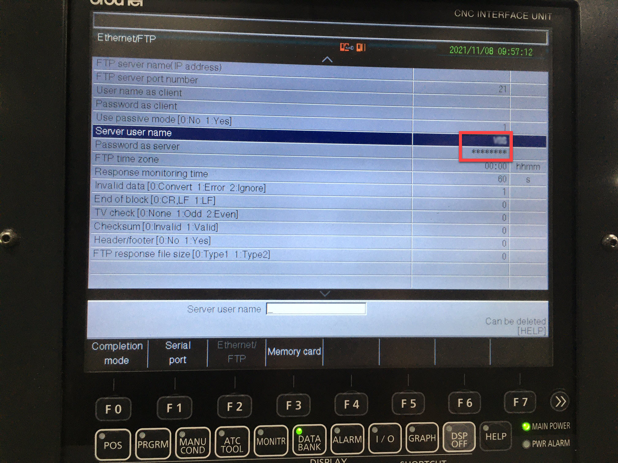FTP server username and password configuration