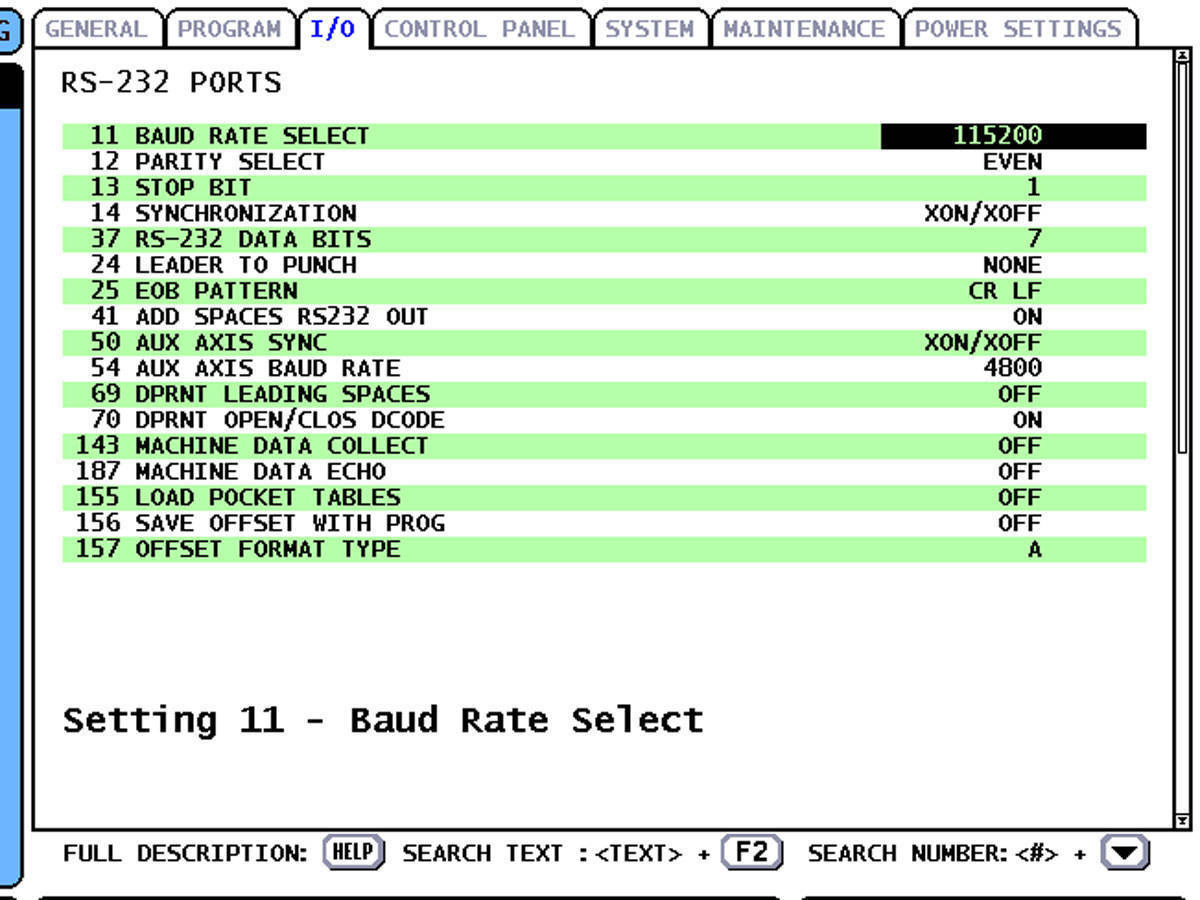 Haas Classic I/O settings screen — Setting 143 MACHINE DATA COLLECT shows as ON/OFF toggle (Classic control), RS-232 baud rate 115200 with Setting 143 currently OFF