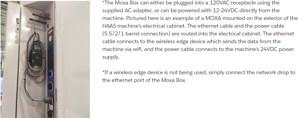 Moxa NPort converter mounted on exterior of Haas electrical cabinet — Ethernet cable and 24VDC power cable route into cabinet; Ethernet connects to Edge device or network switch
