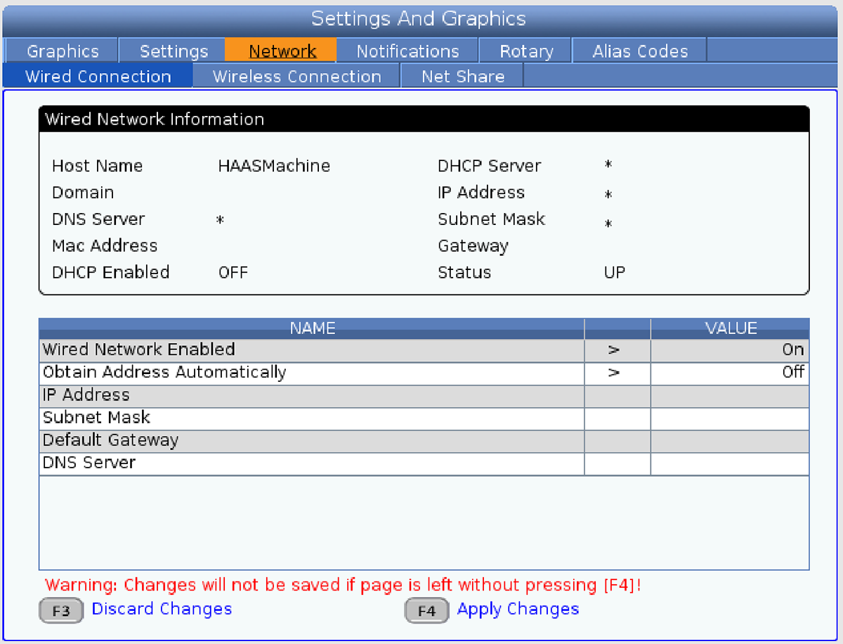 Haas Next Gen control — Settings → Network → Wired Connection screen showing IP Address, Subnet Mask, Default Gateway, and DNS Server fields; set a static IP and press F4 to Apply Changes