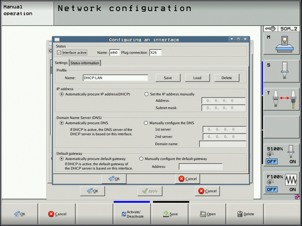 iTNC 530 Network Configuration screen — "Configuring an interface" dialog with eth0/X26 selected, DHCP-LAN profile, options for Automatically procure IP address (DHCP) or Set the IP address manually, with Address and Subnet mask fields