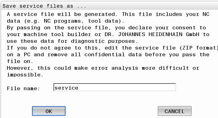 iTNC 530 "Save service files as..." dialog — filename field shows "service"; OK and CANCEL buttons visible