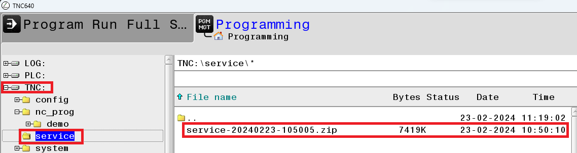 TNC 640 Programming screen showing TNC:\service\ folder with service-20240223-105005.zip file highlighted