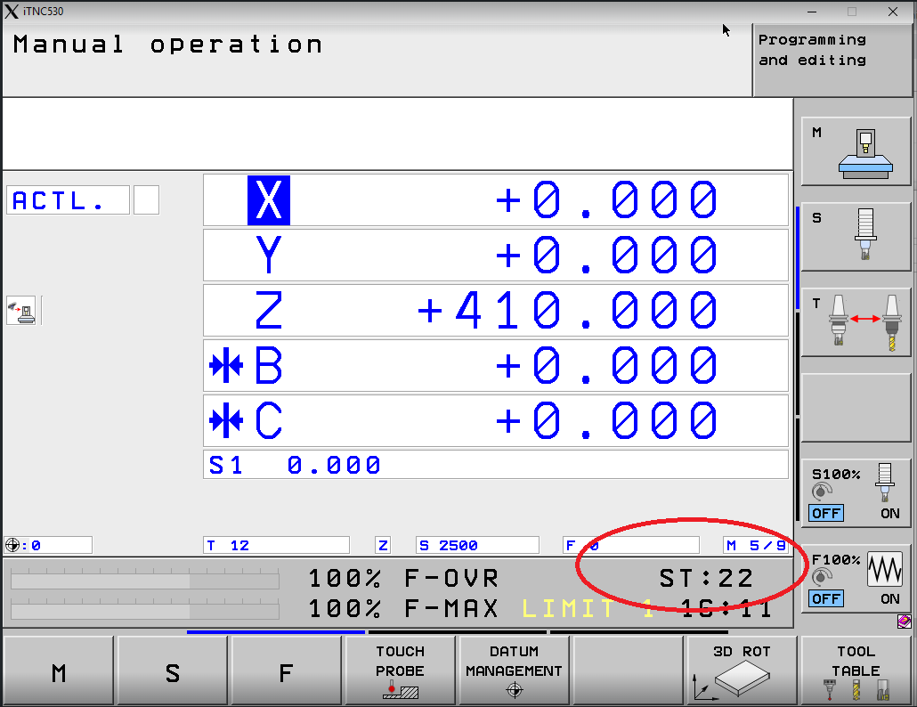 iTNC 530 Manual Operation screen — axis positions displayed (X, Y, Z, B, C), spindle S1 at 0.000, part count ST:22 circled in red at the bottom status bar
