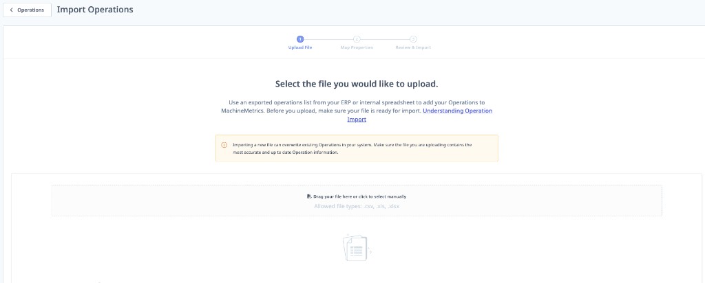 Import Operations — Upload File screen with drag-and-drop area for .csv, .xls, or .xlsx files