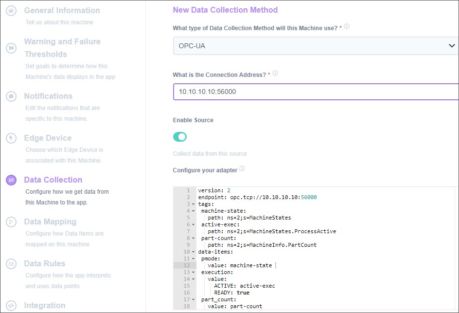 MachineMetrics Data Collection configuration — OPC-UA adapter selected with connection address and adapter script