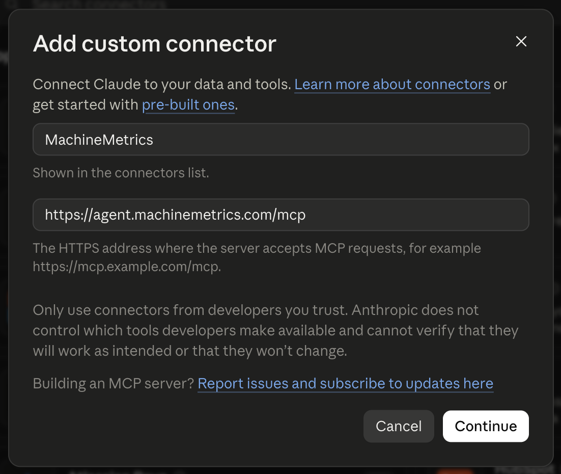 The Add custom connector dialog with MachineMetrics entered as the name and the MCP server URL