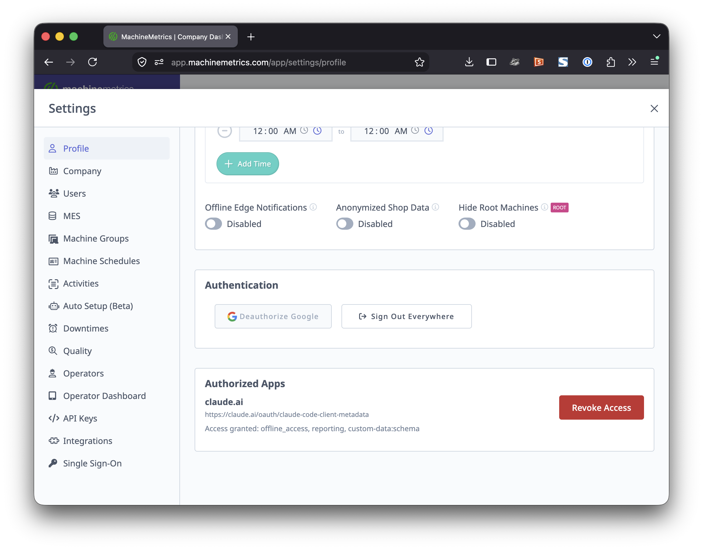 MachineMetrics Authorized Apps listing claude.ai with the access granted and a Revoke Access button
