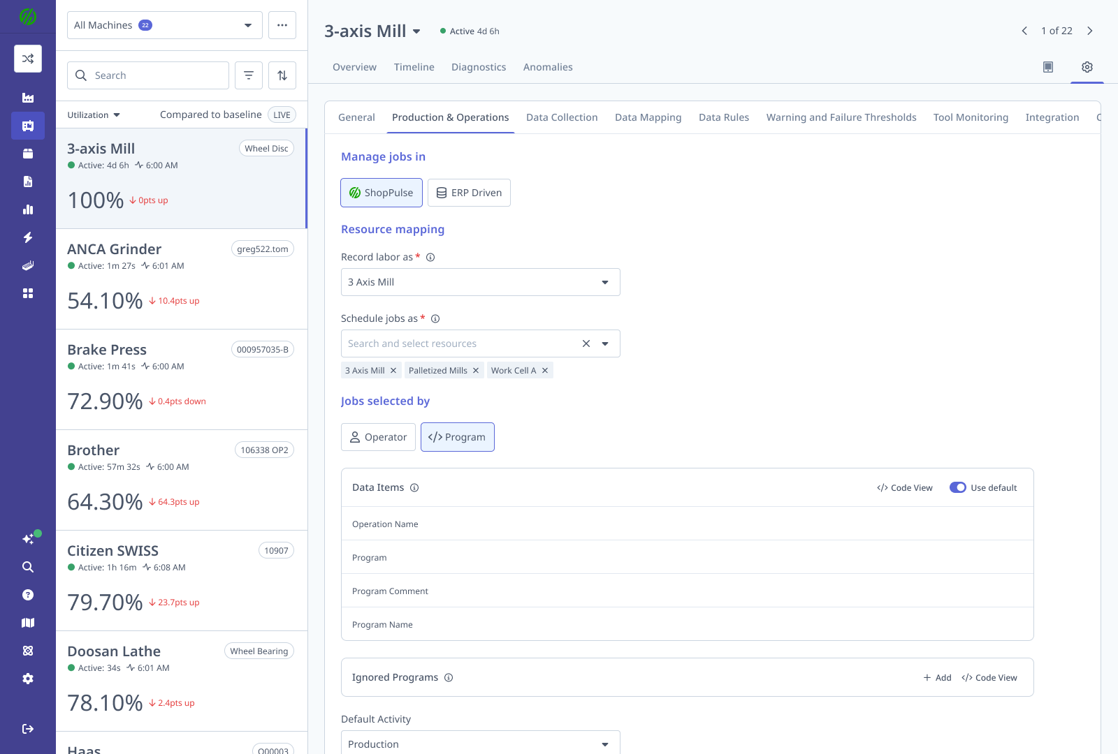 Machine Edit page — Production &amp; Operations tab showing per-machine settings for Manage jobs in, Record labor as, Schedule jobs as, Jobs selected by, and the APM configuration section
