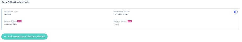 MachineMetrics Data Collection — example showing a configured Modbus source with Integration Type "Modbus" and Connection Address "10.20.112.52:502"
