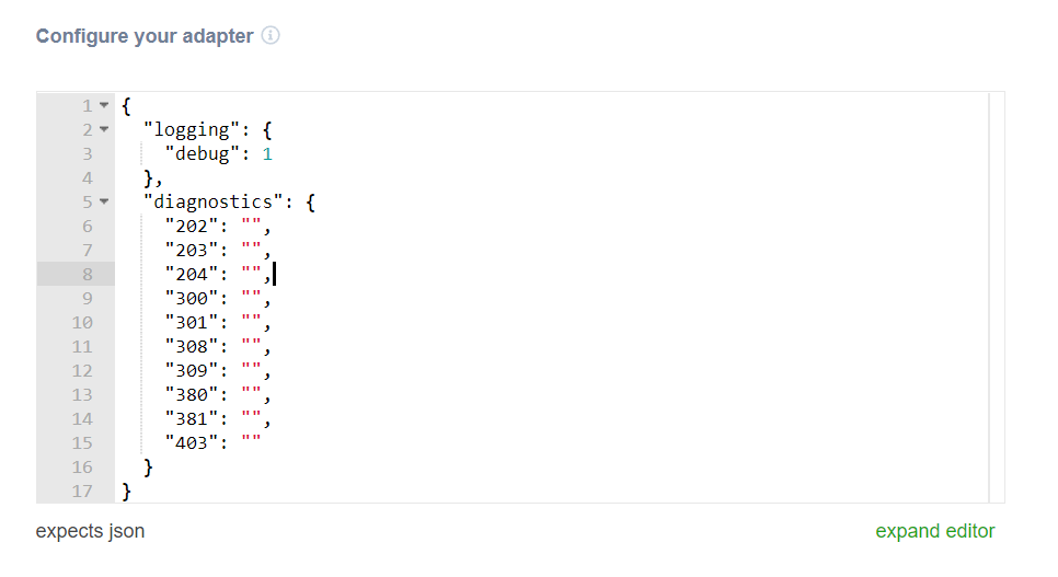 MachineMetrics adapter JSON — diagnostics block showing codes "202", "203", "204", "300", "301", "308", "309", "380", "381", "403" all mapped to empty string values (auto-named by code)