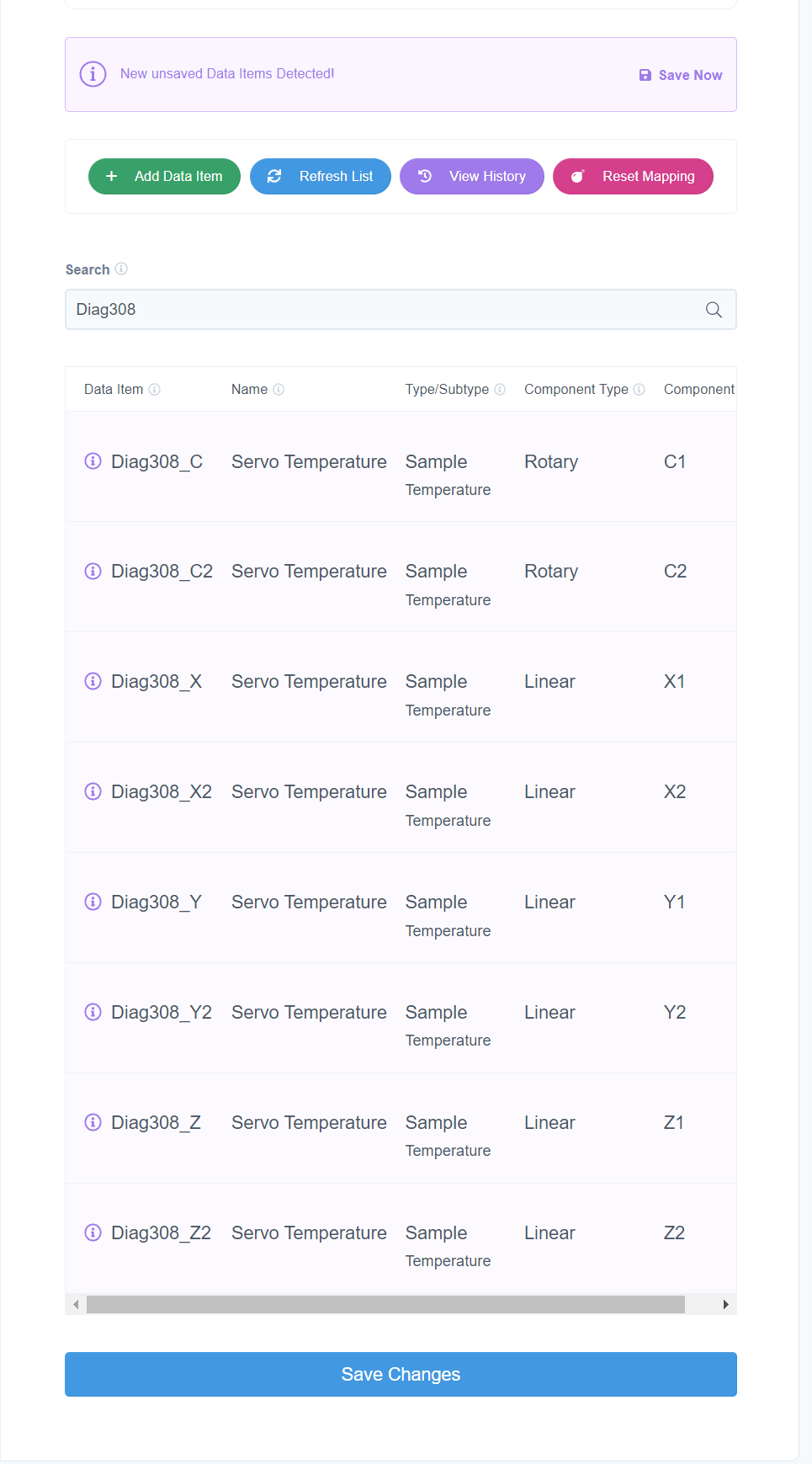 MachineMetrics Data Mapping list filtered for "Diag308" — showing Diag308_C, Diag308_C2, Diag308_X, Diag308_X2, Diag308_Y, Diag308_Y2, Diag308_Z, Diag308_Z2 all mapped as Sample / Temperature for Rotary and Linear component types