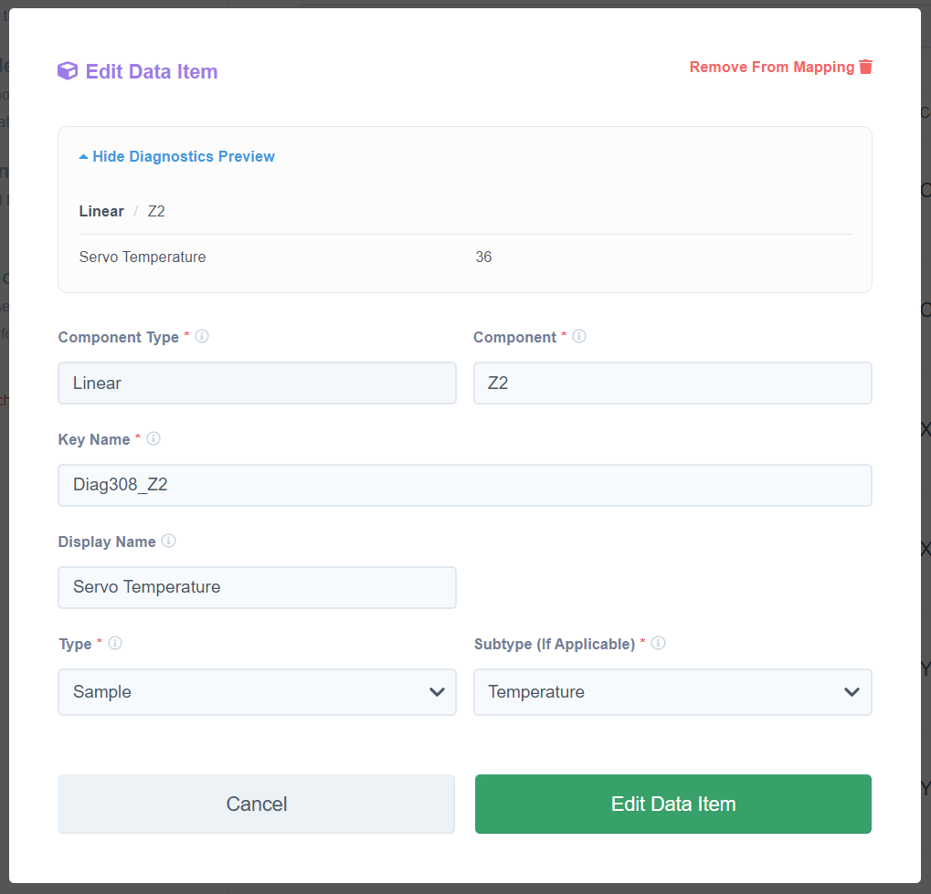 MachineMetrics Edit Data Item — Linear / Z2 component; Diagnostics Preview shows "Servo Temperature = 36"; Key Name = Diag308_Z2; Display Name = "Servo Temperature"; Type = Sample / Temperature